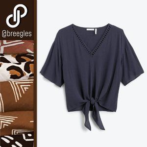 LUQ Rhee Tie Front Lattice Trim Top in Navy